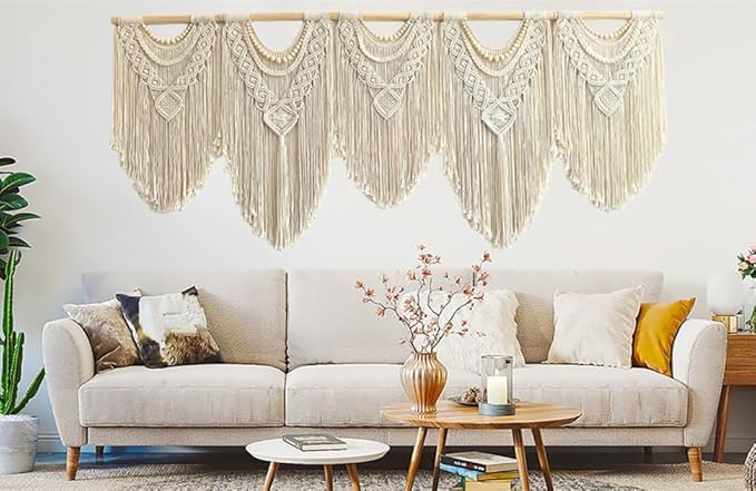 Extral Large macrame wall hanging, 71'' W x 32'' L boho wall art tapestry wall decor for urban entryway,living room,bedroom decor, headboard woven wall art, big fiber art over couch art for Yarn hallway (Wood Bead-B)