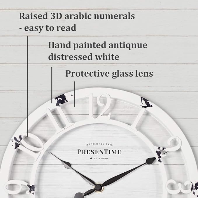 Presentime & Co 10" Farmhouse Series Wall Clock, Shiplap Style, Raised 3D Arabic Numeral, Antique Distressed White