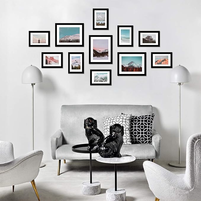 WOOD MEETS COLOR Wall Photo Frames, Including White Picture Mats and Installation Instruction, Set of 11 Collage Frames, 3-8x10 Inches, 8-5x7 Inches (Black)