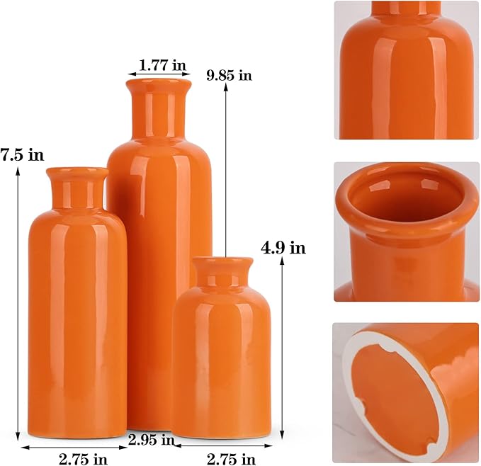 Orange Ceramic Vase Set for 3, Modern Minimalist Decor Boho Vases, Farmhouse Home Décor Accents Living Room Centerpieces, Suitable for Home Décor,Room,Entryway, Bookshelf, Mantel, Shelf Décor