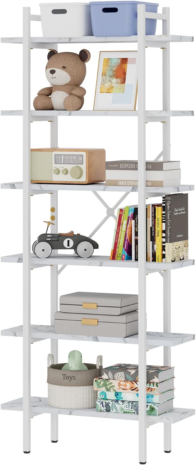 Bookshelf 6 Tiers White Wooden Storage Shelf,Modern Open Display Storage Bookcase Book Organizer,Metal Bookshelf Standing Storage Shelf Tall Shelving Units for Home Office Study