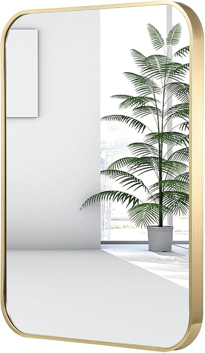 22x30 Inch Gold Bathroom Mirror, Brushed Brass Gold Metal Framed Rectangular Mirror with Rounded Corner, Bathroom Vanity Mirror for Bedroom or Living Room, Horizontal/Vertical