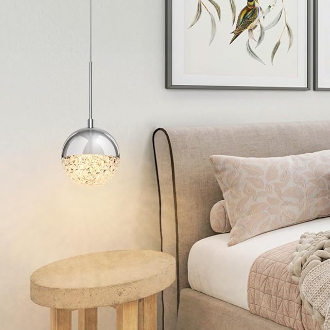 Crystal Pendant Light, Chrome Chandelier for Kitchen Island, Adjustable Modern LED Globe Pendant Light for Dining Room, 8W 3000/4000/5000K CCT Selectable, Dimmable, ETL 1-Pack