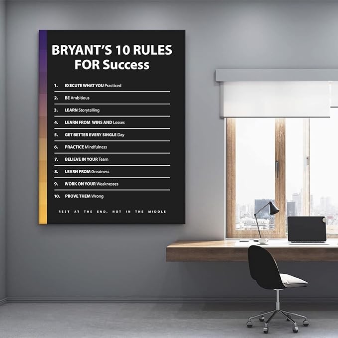 Bryant 10 Rules For Success Motivational Wall Art Office Decor Canvas Print, Black Mamba Mentality, Basketball Player Gift, Sports Gym Art (40" x 30" in)