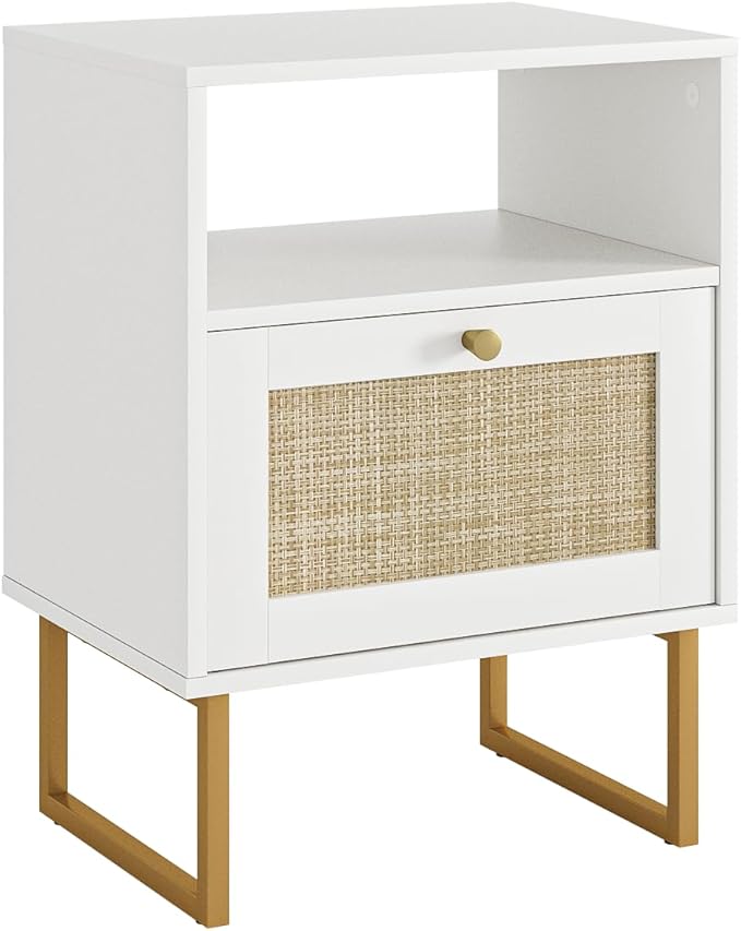 Rattan Nightstand, Mid Century Modern Night Stand,Boho Farmhouse Wood Bedside Table with Storage and Open Shelf, End Side Accent Table for Bedroom,Living Room,White