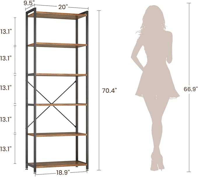 Casaottima Book Shelf, 6 Tier Tall Bookshelf, Modern Wood Bookcase Shelves for Bedroom, Industrial Display Shelf for Living Room Home Office Kitchen, Standing Shelving Unit Storage Organizer, Vintage