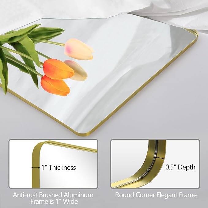 Mirrorons Gold Bathroom Mirror 36 x 30 Inch, Gold Wall Mirror, Bathroom Vanity Mirror with Rounded Corner, Shatterproof (Horizontal/Vertical)