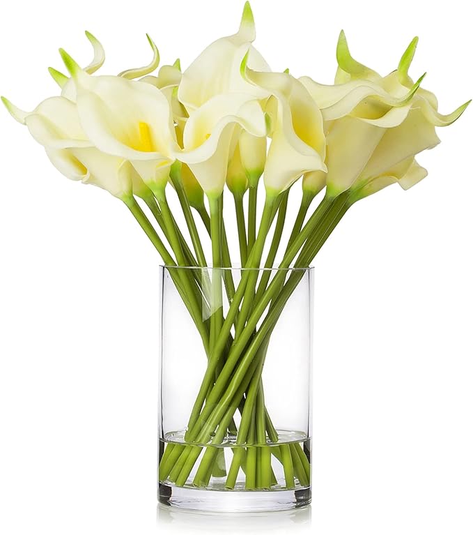 ENOVA FLORAL 20 Pieces Real Touch Calla Lilies Artificial Flowers with Vase, Faux Flowers Arrangement in Glass Vase with Faux Water for Tabletop Decor (Ivory)