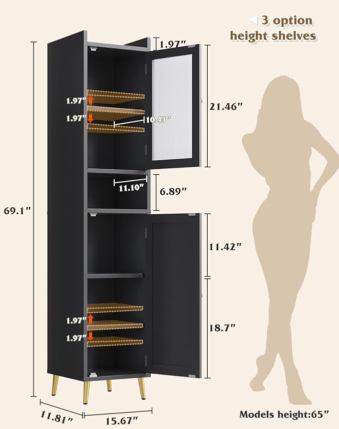 69'' Tall Bathroom Storage Cabinet with 2 Adjustable Shelves, Black 6 Tier Narrow Bathroom Cabinet with 2 Doors, Slim Linen Cabinets for Brathroom,Home Office,Wood