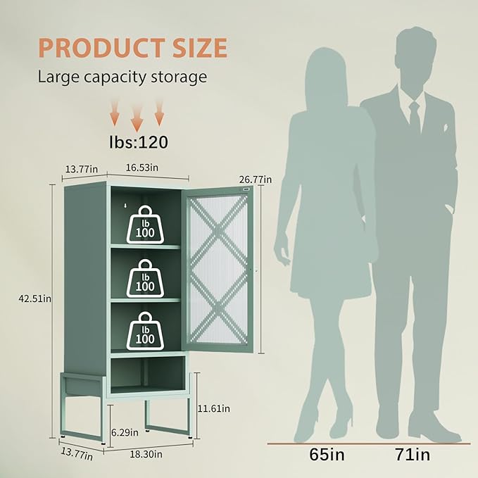 LEYNOT Small Bathroom Storage Cabinet 42.51“H Metal Bathroom Floor Cabinet with Adjustable Shelves for Pantry，Kitchen, Home Office, Living Room, Dinning Room (Green+Transparent Door Panel)