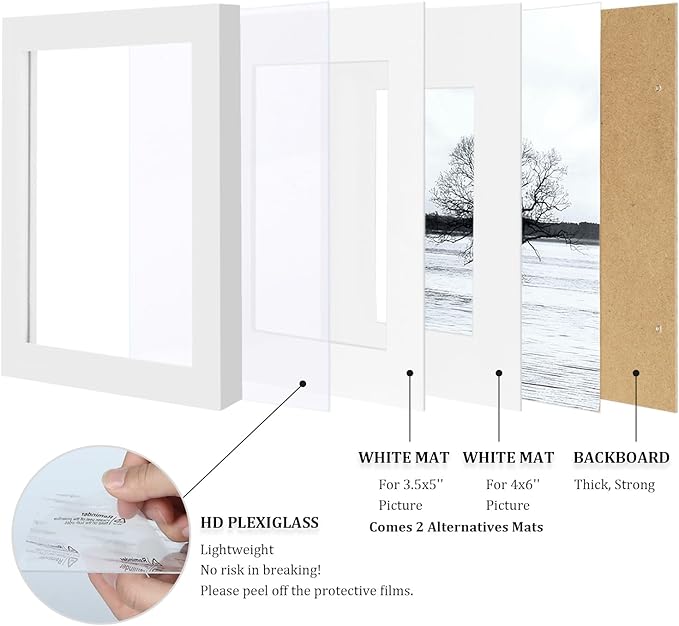 Egofine 5x7 Picture Frames 6 PCS - Made of Solid Wood Covered by Plexiglass Matted for 4x6 and 3.5x5 for Table Top Display and Wall Mounting photo frame White