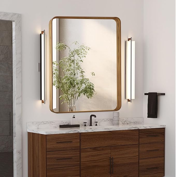 Wood Grain Colored 24x36 Inch Metal Framed Mirror for Wall, Large Rounded Rectangle Mirror, Anti-Rust, Tempered Glass, Hangs Horizontally or Vertically