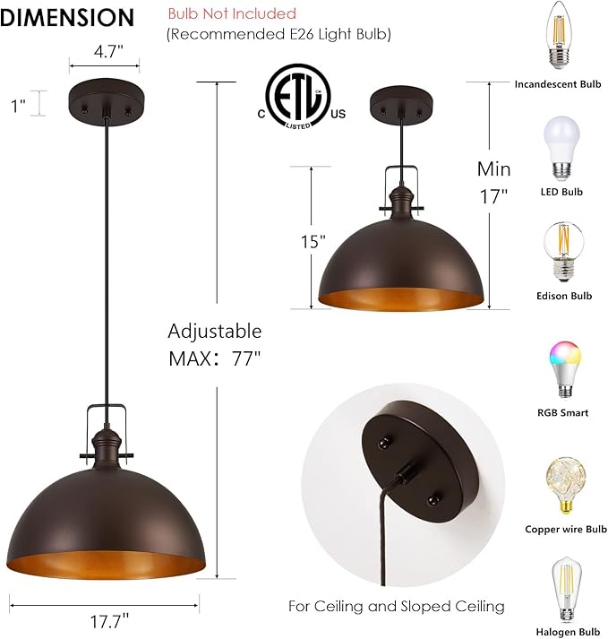 18 Inch Large Pendant Lights for Kitchen Island Matte ORB Farmhouse Pendant Light fixtures Adjustable Height Dome Hanging Light for Dinning Room Bedroom Hallway,1 Pack