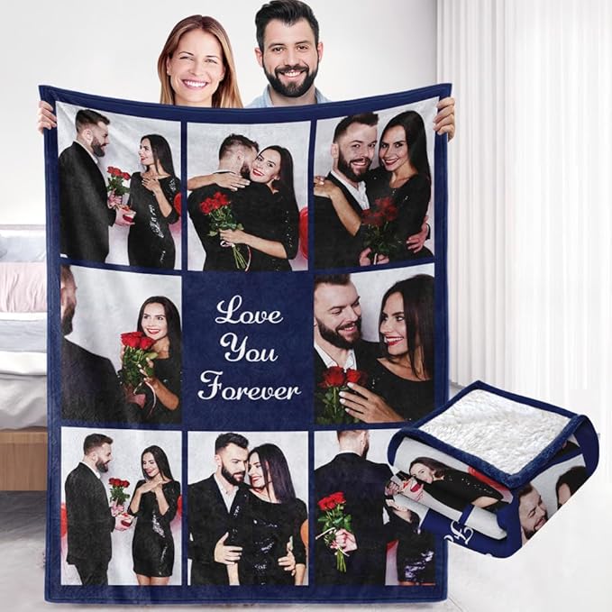 Custom Sherpa Fleece Blanket with Photos and Text - Soft Warm Fuzzy Personalized Couples Gift for Boyfriend Girlfriend - Customized Picture Blanket for Birthday Anniversary Christmas