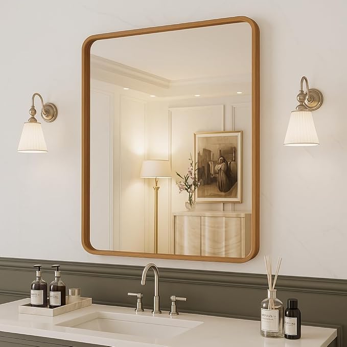 Wood Grain Colored 20x16 Inch Metal Framed Mirror for Wall, Large Rounded Rectangle Mirror, Anti-Rust, Tempered Glass, Hangs Horizontally or Vertically