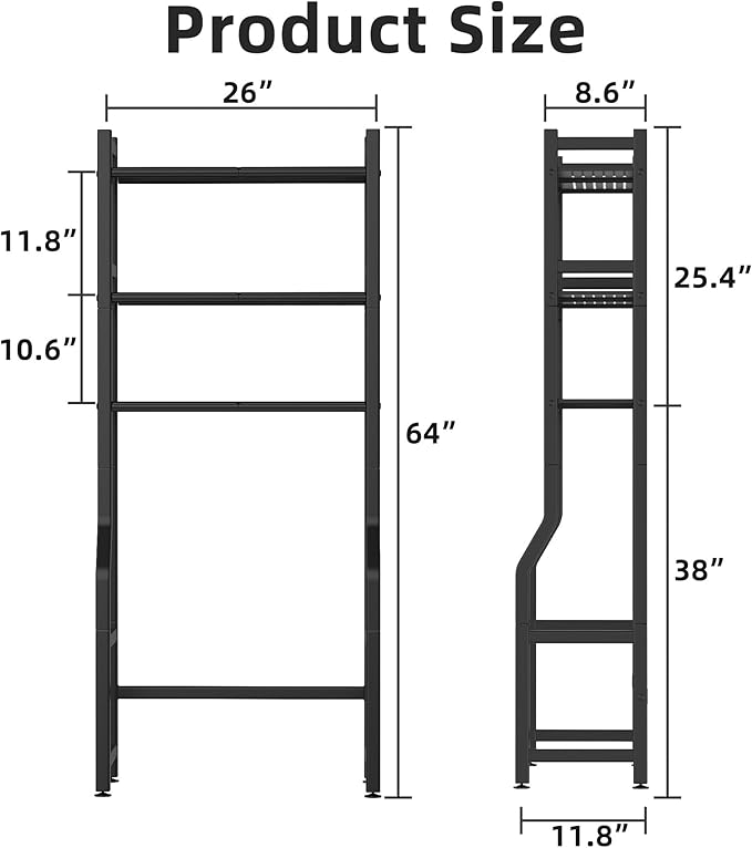 3 Tier Over The Toilet Storage Rack with Toilet Paper Holder, Metal Freestanding Bathroom Shelves with 4 Hooks, Over Toilet Storage Shelf for Bathroom Storage, Black
