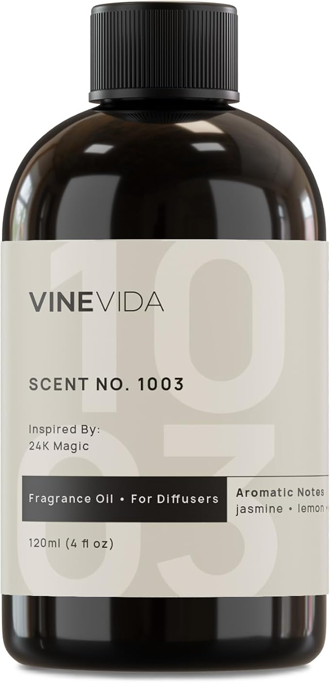 VINEVIDA [4 Fl Oz] Scent NO. 1003 Inspired by 24K Magic Fragrance Oil for Cold Air Diffusers, Aromatic Notes of Lemon Jasmine Musk, Essential Oils for Diffuser Oil Refill & Air Freshener Room Spray