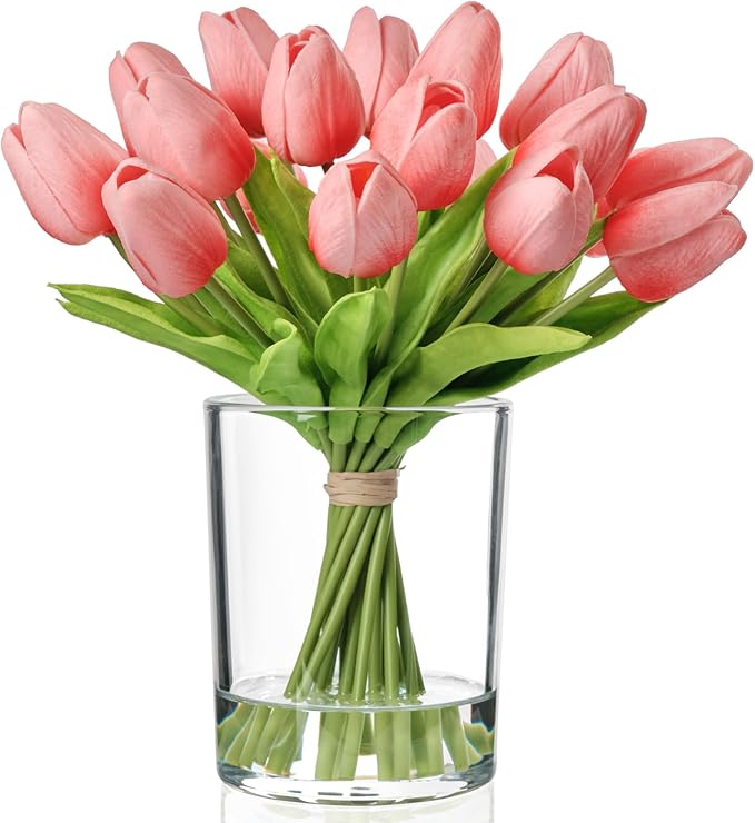 WELL KNOWN 20 Pcs Tulips Artificial Flowers in Vase, Real Touch Tulips with Vase with Upgrate Acrylic Water Flower Arrangements Centerpiece for Dining Room Table Decoration
