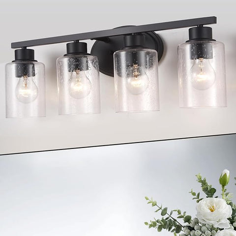 Modern Matte Black Bathroom Vanity Light Fixtures, 4-Light Clear Seeded Glass, Rustproof Wall Mount