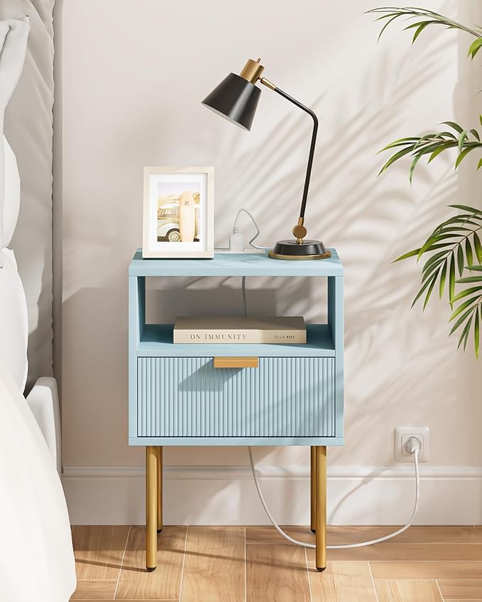 Nightstand,Morden Bedside Table with Gold Frame,Small White Night Stand,End Table,Bedside Furniture,Side Table with Drawer and Shelf for Bedroom,Living Room (1Drawer, Blue-Outlet)