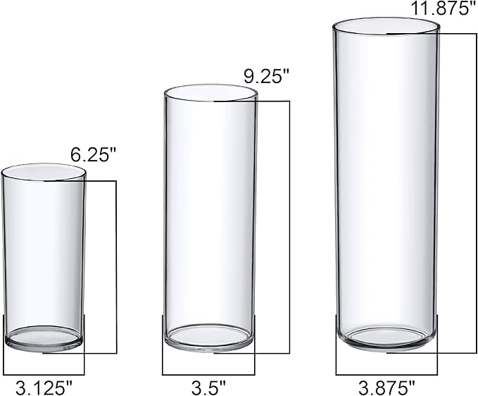 Amazing Abby - Viola Magra - Plastic Cylinder Vases (3-Piece Set), Acrylic Flower Vases for Wedding Centerpieces, Home Decorations, Office Ornaments, Shatter-Proof, 6" + 9" + 12" (H) (Not Glass)