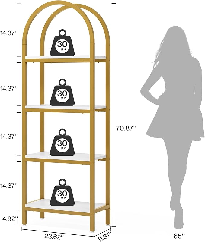 Tribesigns 4-Tier Open Bookshelf, 70.8" Modern Wood Bookcase Storage Shelves with Metal Frame, Freestanding Display Rack Tall Shelving Unit for Office, Bedroom, Living Room (White & Gold, 1PC)