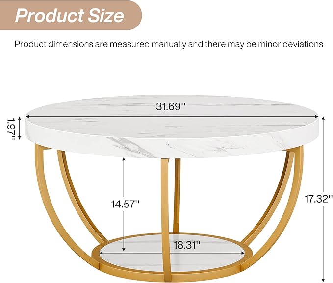 Tribesigns Modern Round Coffee Table, 2 Tier Coffee Table with Faux White Marble and Golden Metal Legs, Circle Center Table Tea Table Accent Furniture for Living Room, White and Gold