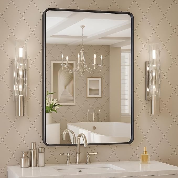 Black 24x30 Inch Metal Framed Mirror for Wall, Large Rounded Rectangle Mirror, Anti-Rust, Tempered Glass, Hangs Horizontally or Vertically