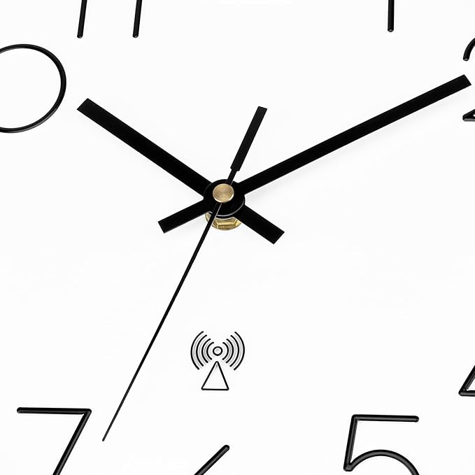 Foxtop Atomic Wall Clock Battery Operated Round Analog Modern Wall Clock Sets Automatically for Office Classroom Bedroom Kitchen Living Room (Black)