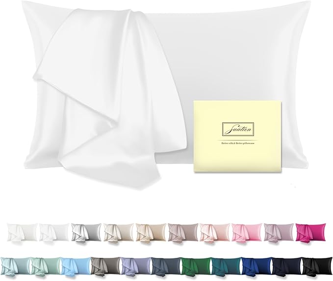 Natural Mulberry Silk Pillowcase for Hair and Skin Queen Size 20"X30" Silk Pillow Case with Hidden Zipper Soft Breathable Smooth Cooling Silk Pillow Covers for Sleeping(White,Queen,1Pcs)