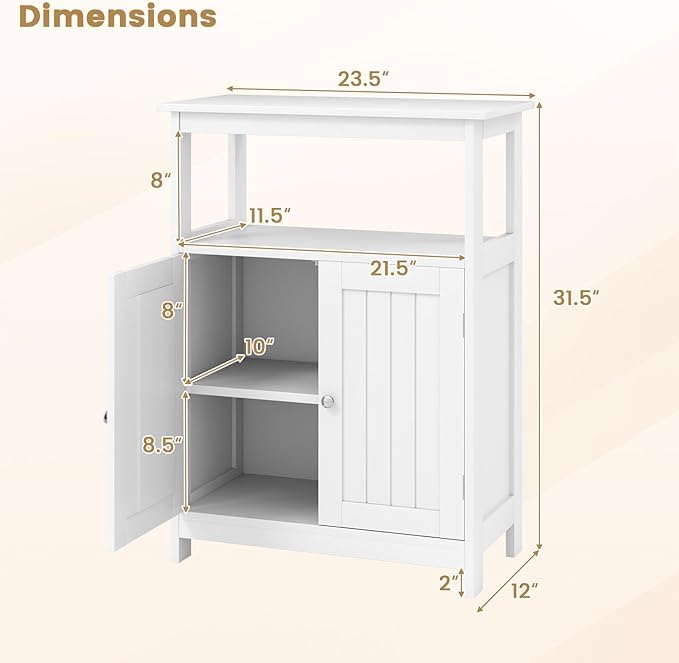 GOFLAME Bathroom Cabinet, Floor Storage Organizer with 2 Doors, 2 Open Shelves, 3-Level Adjustable Shelf, Modern Storage Unit for Laundry Room, Entryway, Living Room, White