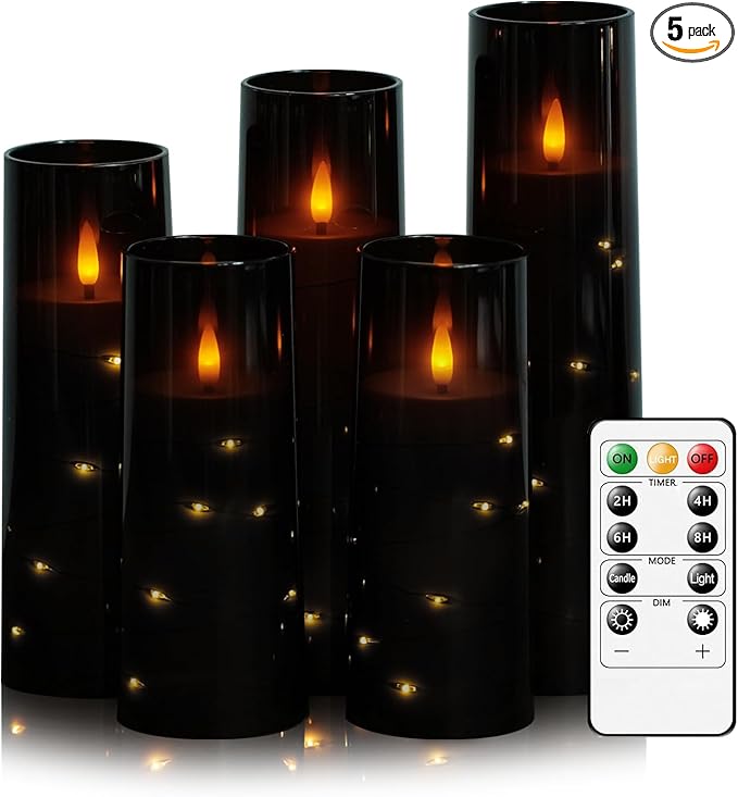 Flameless LED Candles with Timer 5 Pc Flickering Flameless Candles for Romantic Ambiance and Home Decoration Stable Acrylic Shell,with Embedded Star String,Battery Operated Candles（Grey）