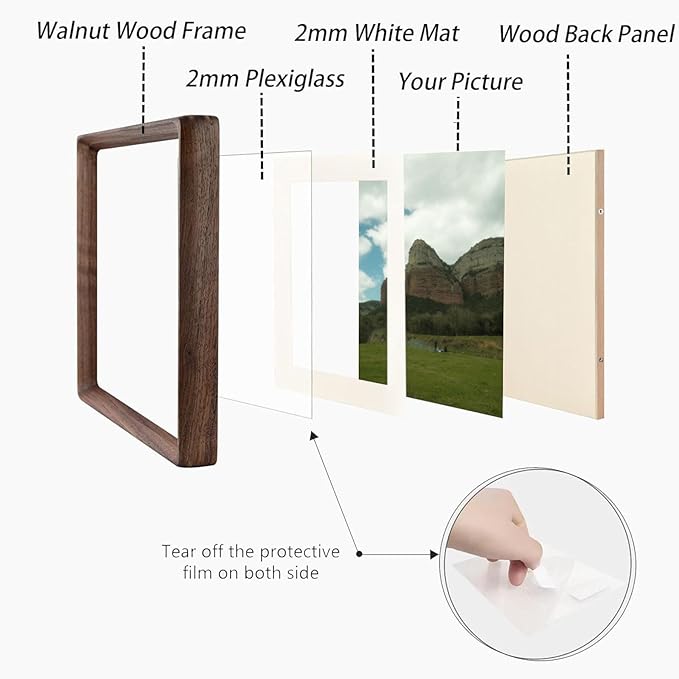 10x10 Square Picture Frame in Natural Walnut Wood, Solid Wooden Frames matted to 6x6/8x8, Gallery Frames for Wall Mount or Tabletop Display