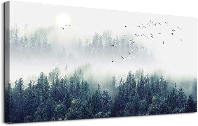 Canvas Wall Art for Living Room - Misty Forests of Evergreen Coniferous Trees in an Ethereal Landscape - Modern Home Decor The bedroom wall art Stretched and Framed Ready to Hang 24" x 48" wall decor
