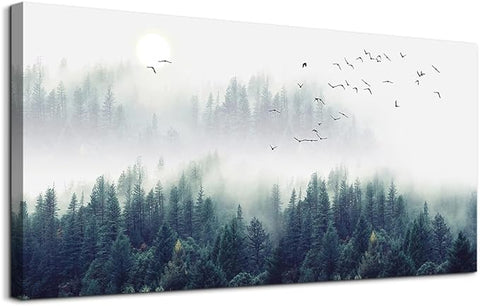 Canvas Wall Art for Living Room - Misty Forests of Evergreen Coniferous Trees in an Ethereal Landscape - Modern Home Decor The bedroom wall art Stretched and Framed Ready to Hang 24" x 48" wall decor