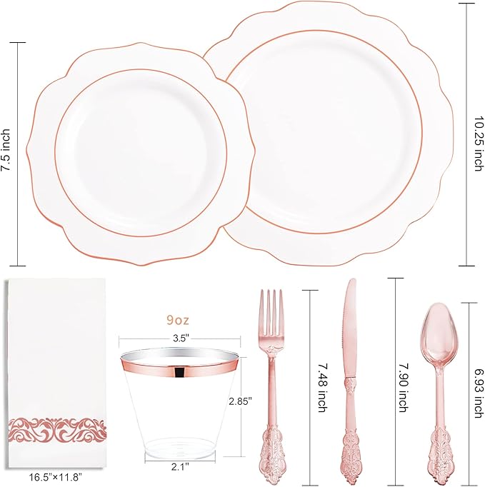NOCCUR 175PCS Rose Gold Plastic Plates with Disposable Silverware - Include 25Dinner Plates, 25Dessert Plates, 25Forks, 25Knives, 25Spoons, 25Cups, 25Napkins for Wedding&Party