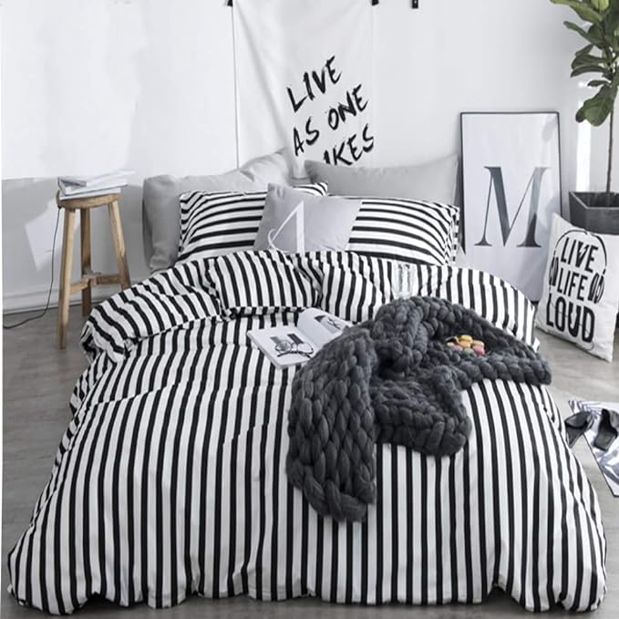 CLOTHKNOW Striped California King Comforter Sets Black White Bedding Comforter Sets All Season Farmhouse Ticking Comforter with 2 x Pillow Cases