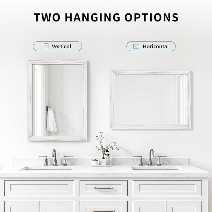 White Wood Effect Framed Wall Mirror, 16x20 Rectangle Mirror, 1/8" Anti-desilvering Tempered Glass, Sustainable& Sturdy Frame, Anti-Rust, HD Reflection &3min Fast Setup for Bathroom Living Room