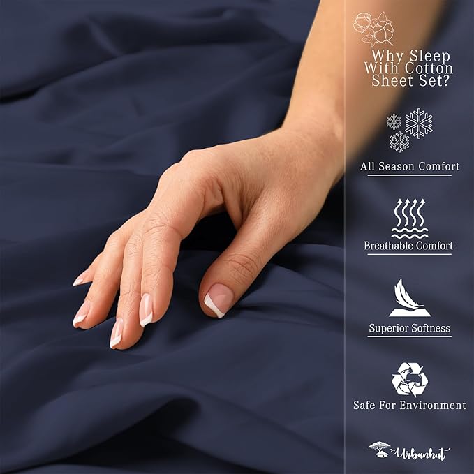 URBANHUT 700 Thread Count Queen Size Egyptian Cotton Sheets, 4Pc Sheet Set Soft Luxury Bed Sheets for Queen Size Bed, Sateen Weave Hotel Sheets, 16'' Elasticized Deep Pocket - Navy Blue