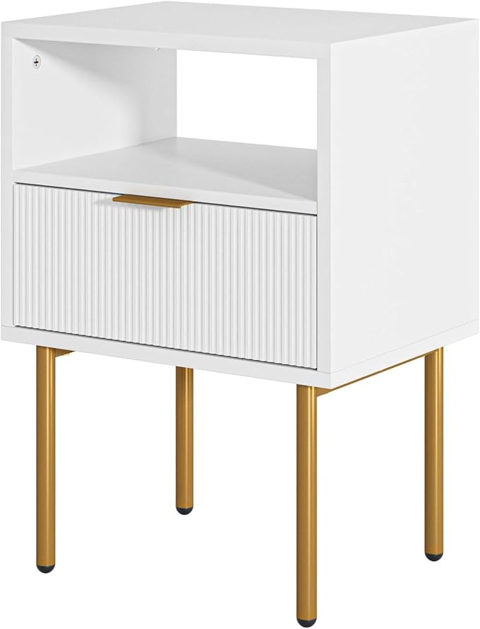 Nightstand,Morden Bedside Table with Gold Frame,Small White Night Stand,End Table,Bedside Furniture,Side Table with Drawer and Shelf for Bedroom,Living Room (1Drawer, White)