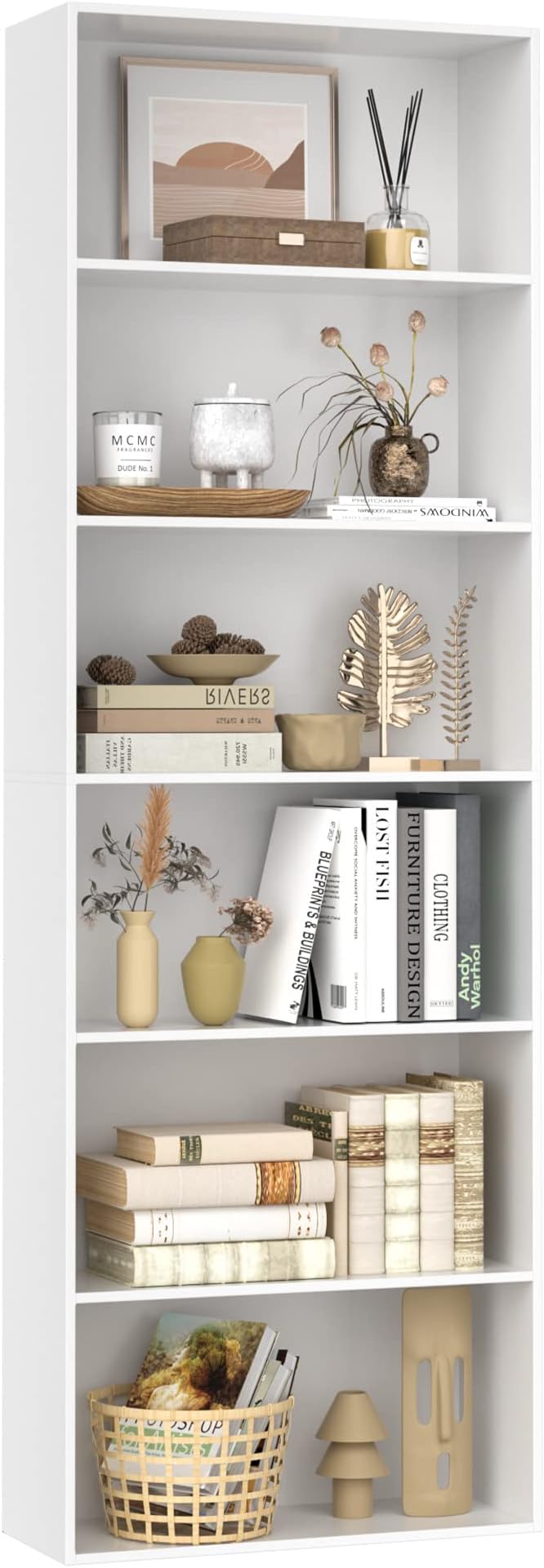 FOTOSOK 6-Tier Open Bookcase and Bookshelf, Freestanding Display Storage Shelves Tall Bookcase for Bedroom, Living Room and Office, White