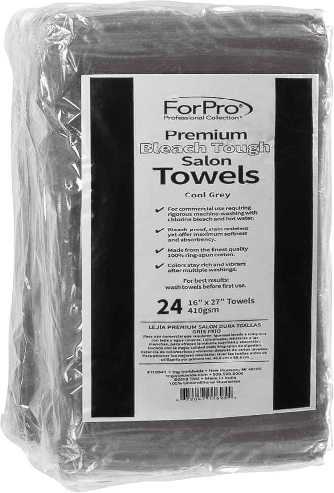 ForPro Professional Collection Premium Bleach Tough Salon Towels, Cool Grey, 100% Cotton, Bleach-Proof Towels, Stain Resistant, 16" W x 27" L, 24-Count