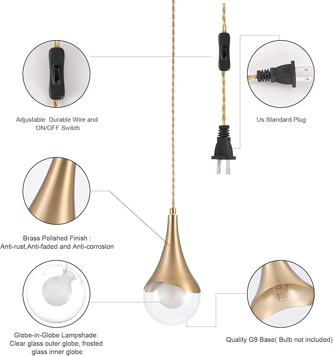 MWZ Gold Plug in Pendant Light,Hanging Lights with Plug in Cord On/Off Switch, Mini Brass Pendant Lights for Kitchen Island,Modern Raindrop Lamps Fixture with Globe Glass Shade for Bedroom