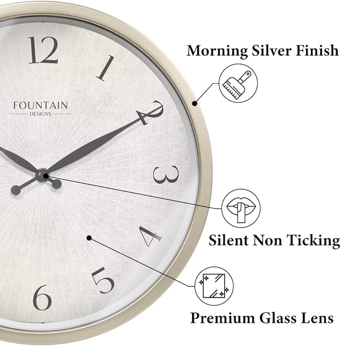 Modern Farmhouse Clock, No Ticking Silent Clock, Modern and Vintage (Morning Silver, 12 inch)