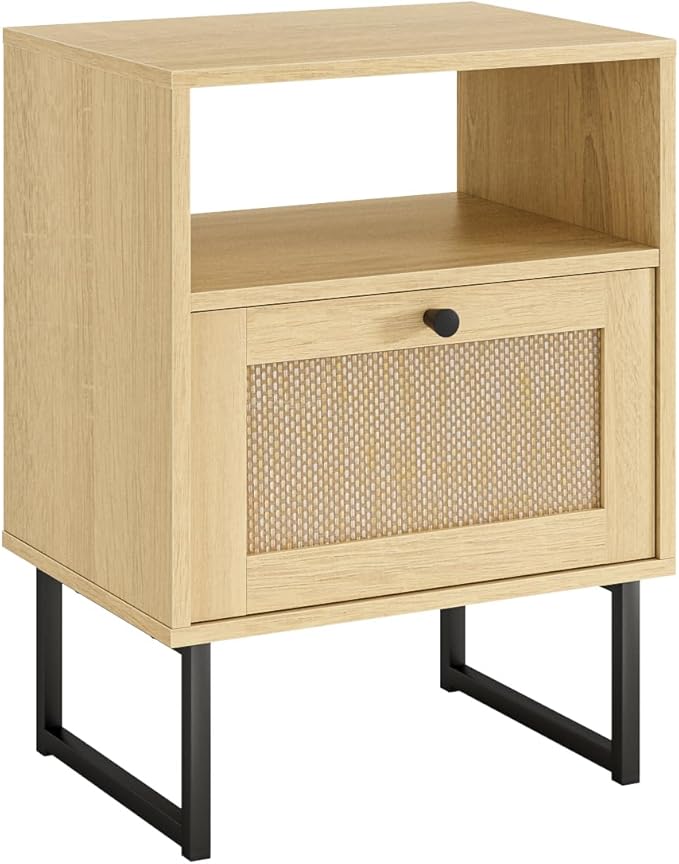 Rattan Nightstand, Boho Night Stand Farmhouse Wood Bedside Table with Storage and Open Shelf, End Side Accent Table for Bedroom,Living Room,Oak