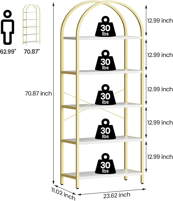 IDEALHOUSE Bookshelf 5 Tier Bookcase Arched Display Racks Tall Standing Bookshelves Metal Frame Modern Storage Rack Shelf Large Wood Book Shelf for Bedroom, Living Room, Home Office, White/Gold