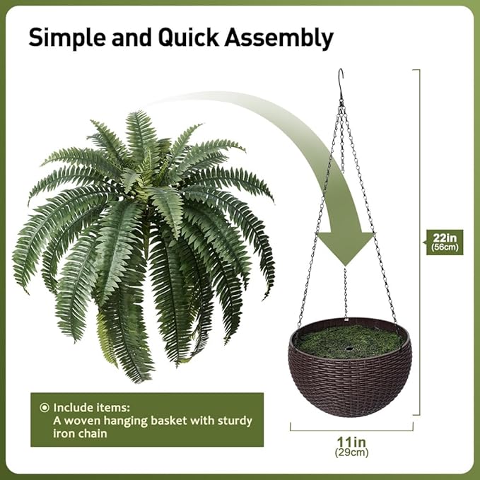 48" Artificial Boston Fern Hanging Plants with Basket - UV Resistant Fake Plant for Outdoor Indoor - Large Realistic Faux Greenery for Front Porch, Front Door, Patio Decor, Set of 2, VN142