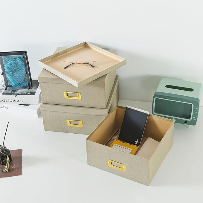 Soul & Lane Light Gray Kraft Paper Boxes for Storage, Set of 3 Square Stacking Boxes with Lids and Gold Label Holders, Decorative Photo Storage, Nesting Cardboard Containers for Organizing