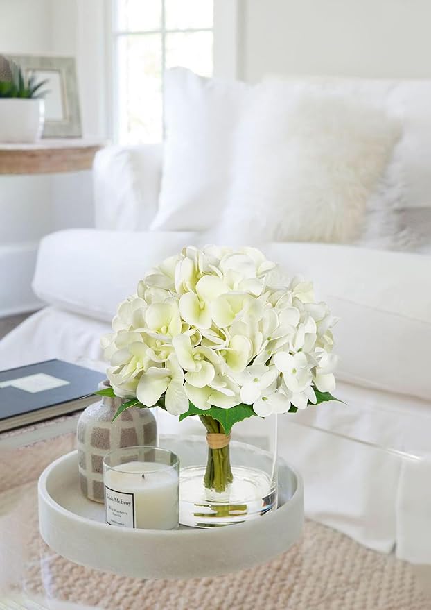 Hollyone Real Touch White Hydrangea Artificial Flowers in Vase Latex Small Faux Hydrangea Flowers Arrangements Hydrangeas Fake Flower with Glass Vase with Faux Water for Table Centerpiece Home Decor