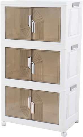 Foldable Storage Bins with Lids Stackable Storage Bins with Doors and Wheels Magnetic Dual-Opening Doors Storage Containers for Bedroom, Living Room, Closet, Laundry (White-3Pack)